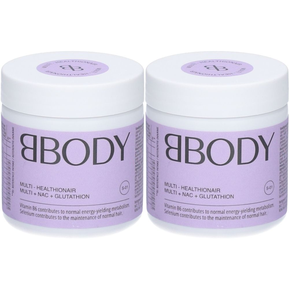 Twee witte potten met paarse etiketten. Opschrift: BBODY, Multi-Healthionair. Vitamine B6 en selenium.