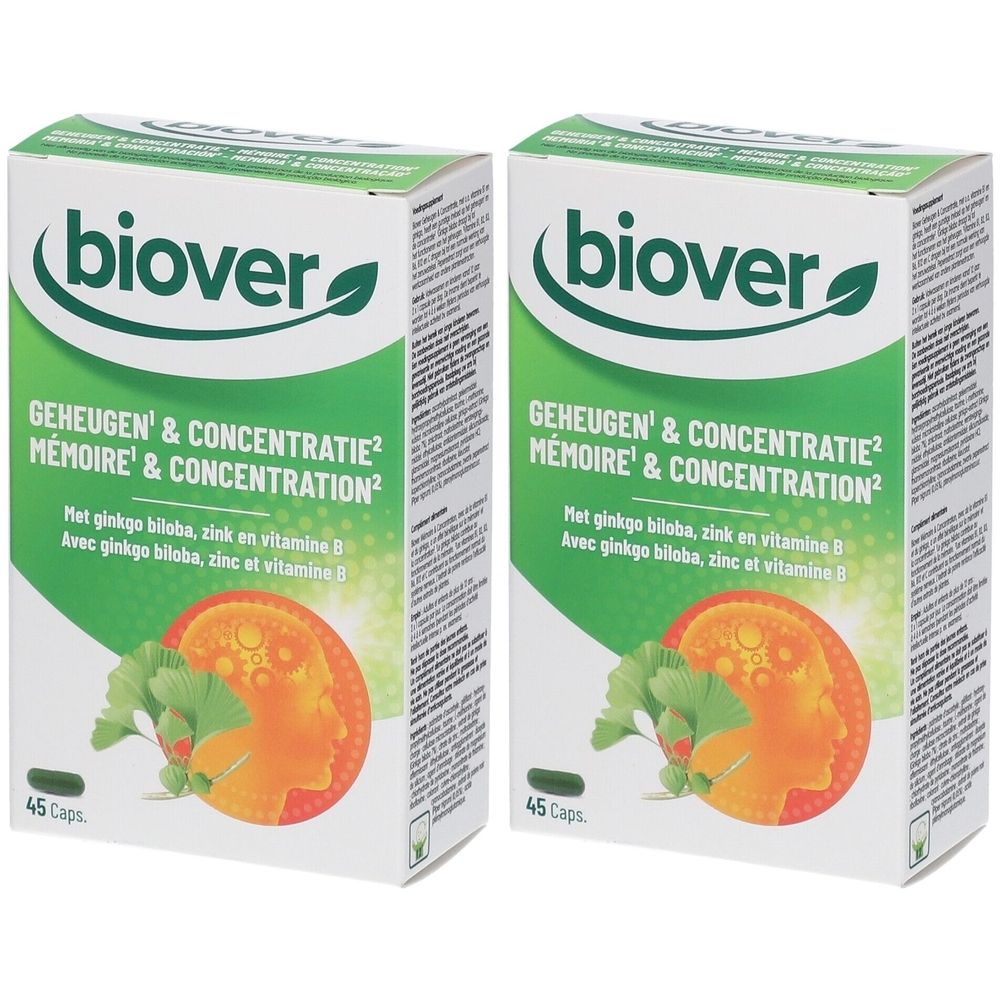 Deux boîtes de Biover Mémoire & Concentration. Emballage blanc avec logo vert et nom du produit. 45 capsules.
