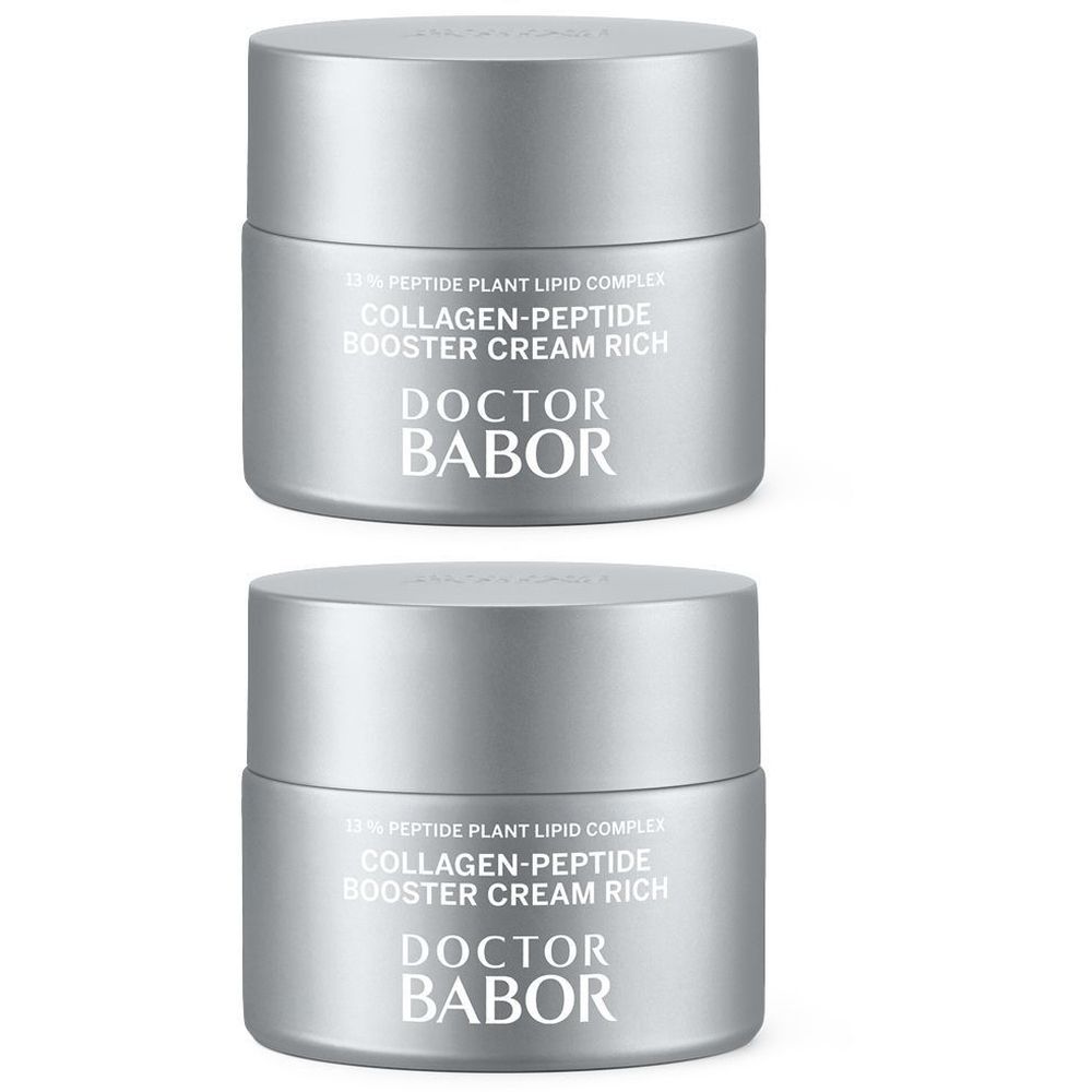 Zwei silberne Tiegel mit Doctor BABOR Collagen-Peptide Booster Cream Rich.