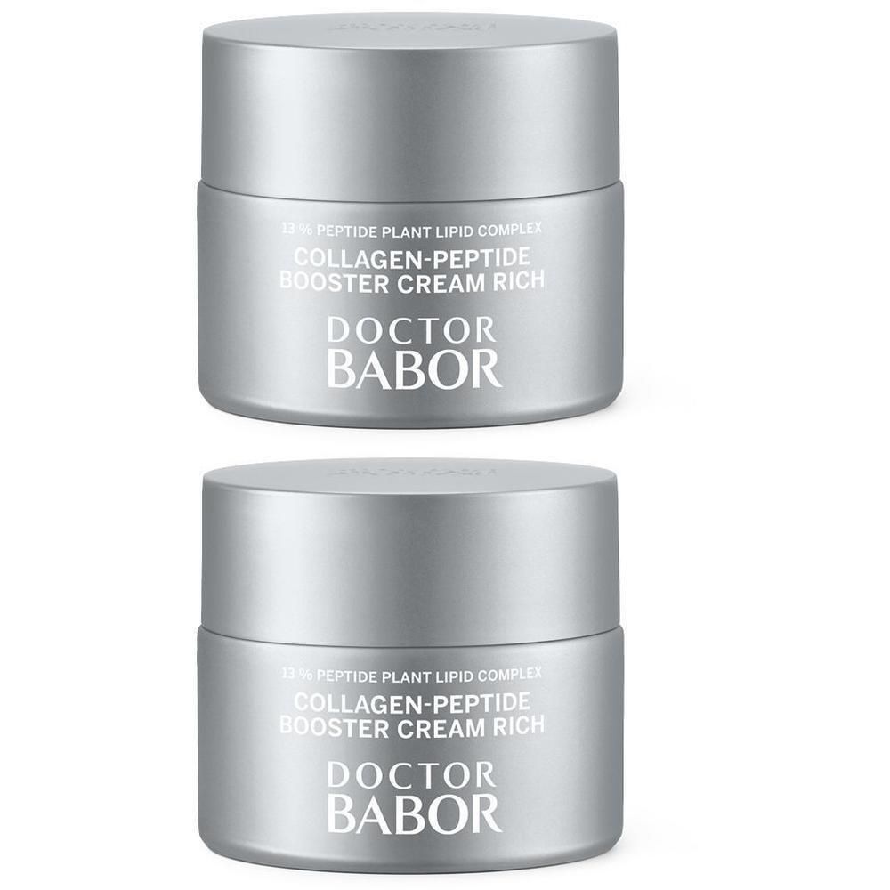 Zwei silberfarbene Tiegel mit Deckel. Aufschrift: Collagen-Peptide Booster Cream Rich, Doctor Babor.