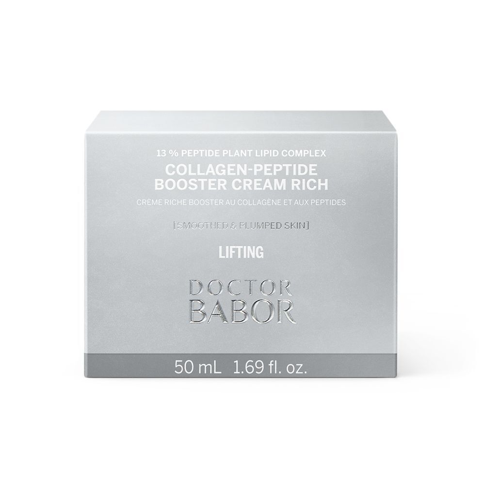 Quadratische, silberfarbene Verpackung. Aufschrift: Collagen-Peptide Booster Cream Rich, Doctor Babor. Volumen: 50 ml.