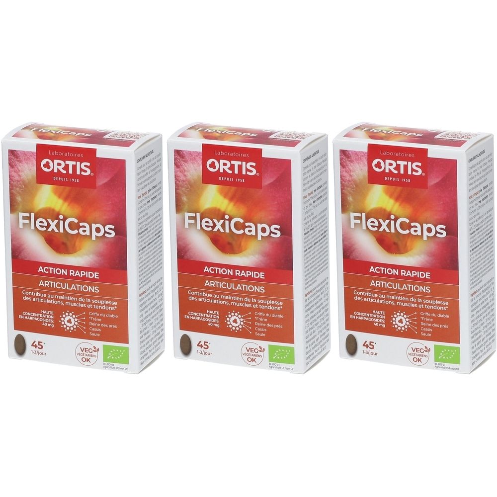Trois boîtes Ortis FlexiCaps. Emballage rouge et blanc avec nom et logo du produit. 45 gélules, vegan.