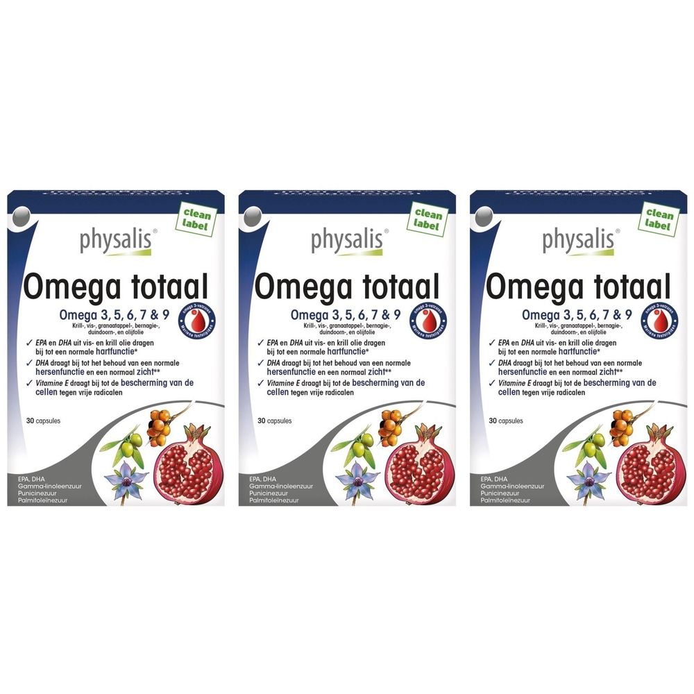 Drie pakken Physalis Oméga total capsules met afbeeldingen van granaatappel en bessen.