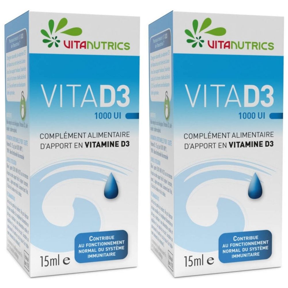 Twee dozen Vitanutrics Vita D3 1000UI. Blauw-witte verpakking met productnaam en druppelillustratie. 15ml.