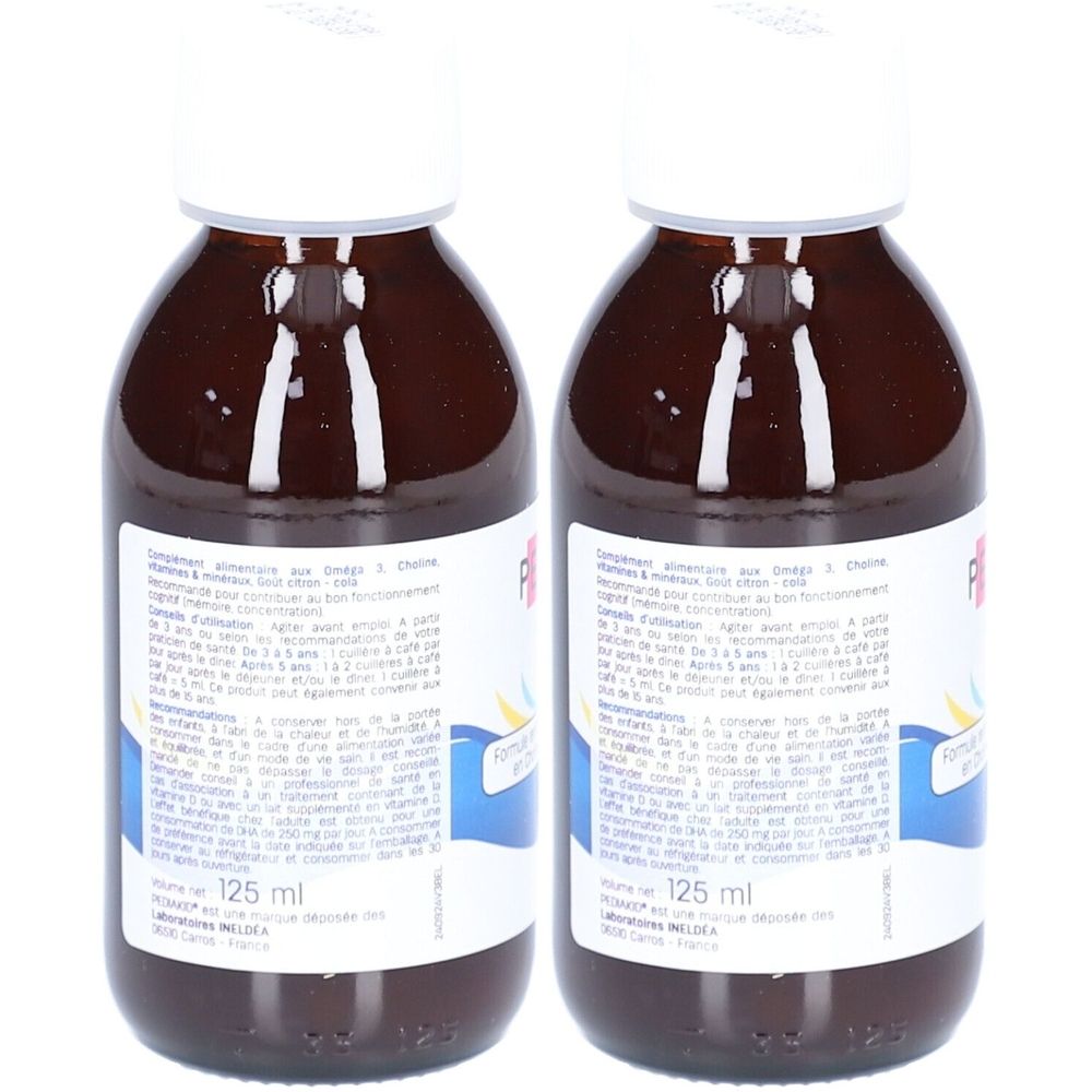 Deux flacons bruns avec bouchon blanc. Étiquettes avec texte et logo. Inscription : 125 ml.