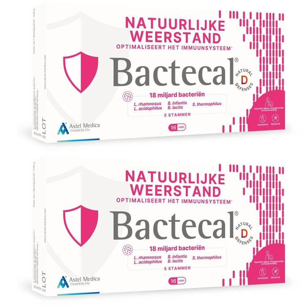 Twee verpakkingen Bactecal D voor natuurlijke weerstand en immuunsysteem.