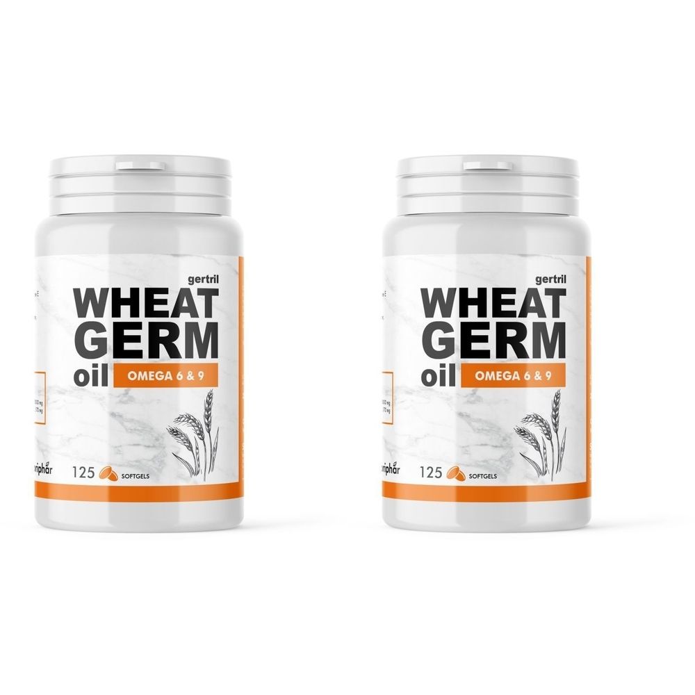 Twee witte flessen met oranje opdruk: WHEAT GERM oil, Omega 6 & 9. Opschrift: 125 Softgels.