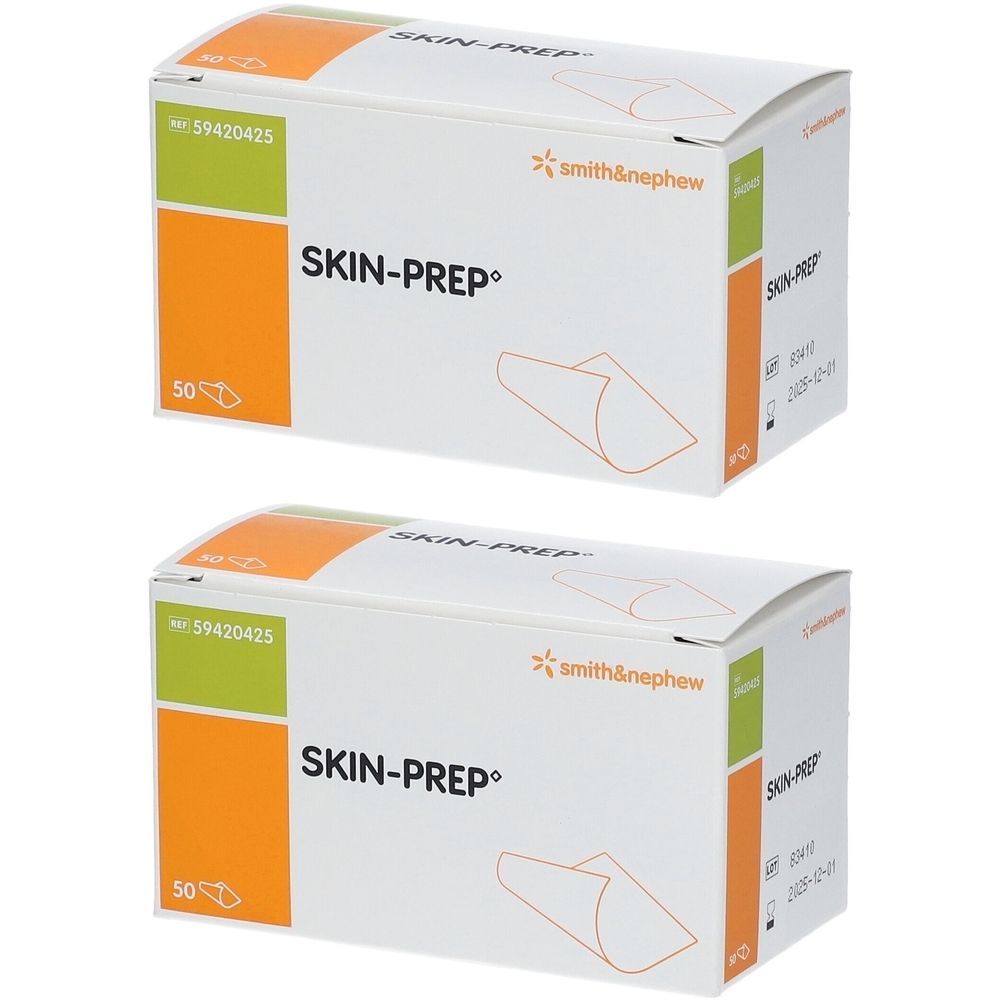 Twee dozen Skin-Prep. Wit, met oranje en groene accenten. Opschrift Skin-Prep en Smith & Nephew logo.