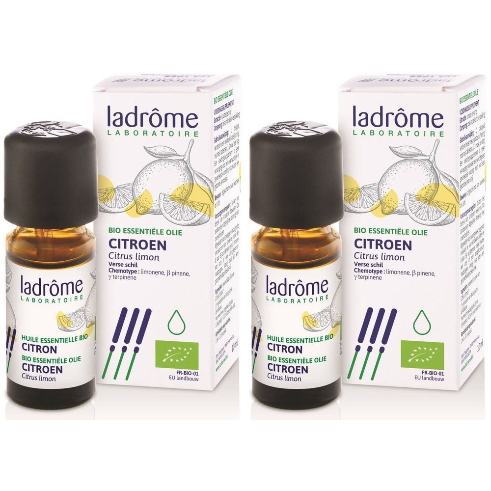 Deux flacons et deux boîtes. Inscription: Ladrôme, Bio Essentiel Ole, Citron. Label bio.