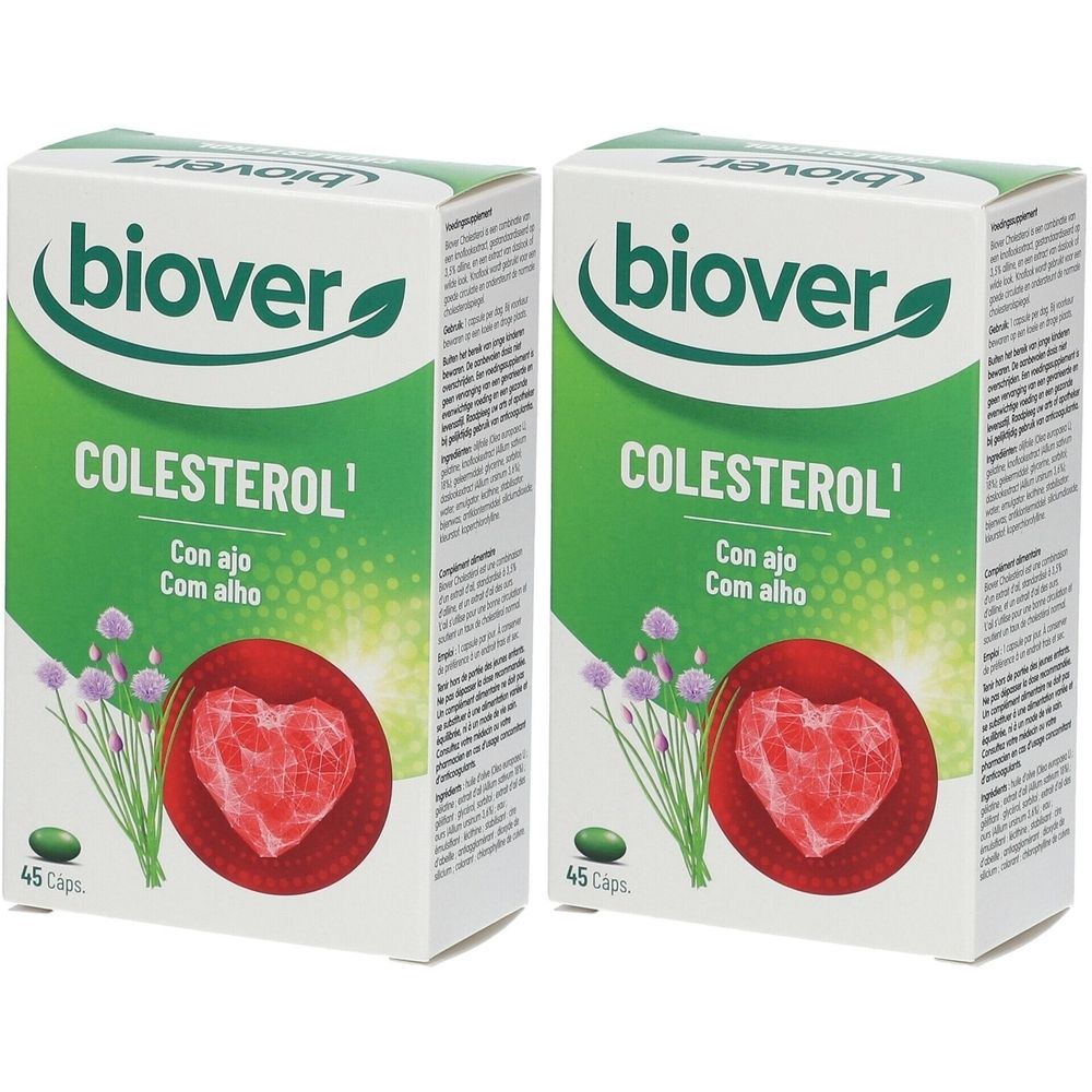 Deux boîtes de Biover Cholésterol. Inscription : COLESTEROL, avec de l'ail. Image d'un cœur. 45 capsules.