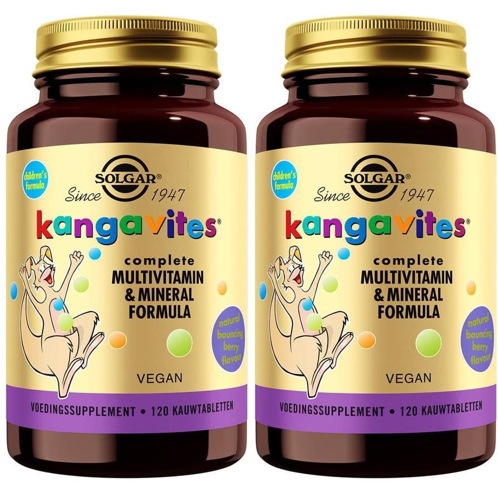 Deux flacons de SOLGAR® Kangavites. Bouteilles en verre marron avec couvercles dorés et étiquettes. Inscription : Formule multivitamines et minéraux.