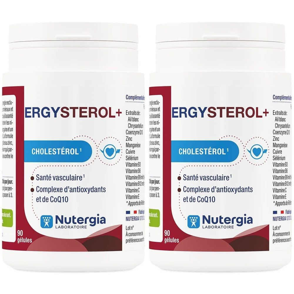 Deux flacons blancs Ergysterol+. Texte rouge et bleu. 90 gélules. Marque NUTERGIA LABORATOIRE.