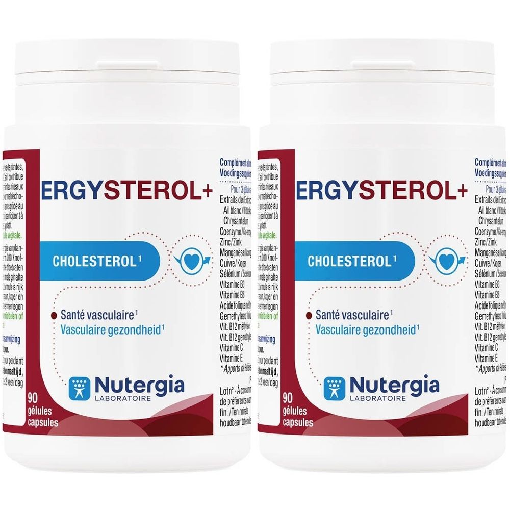 Twee witte flessen met Ergysterol+ opschrift. Rode en blauwe tekst. 90 capsules. Merk NUTERGIA LABORATOIRE.