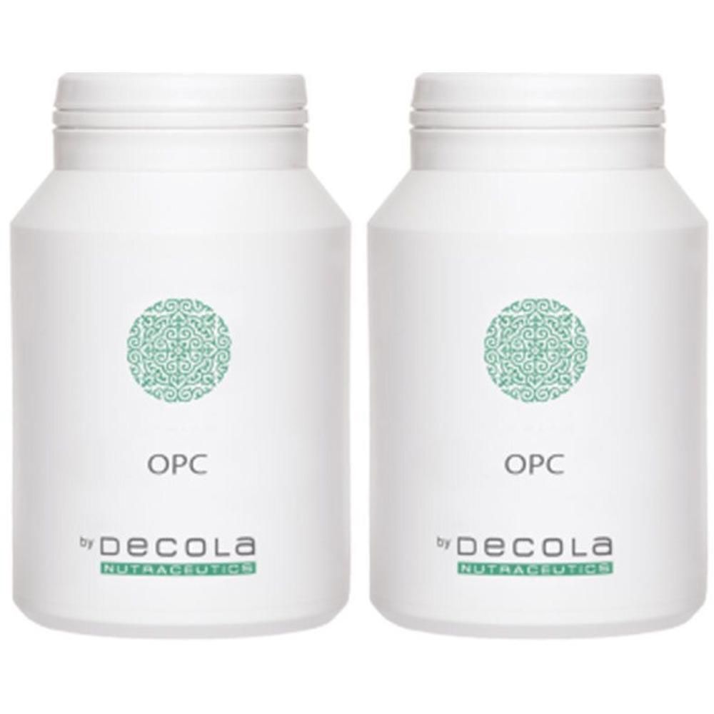 Zwei weiße Flaschen mit grünem Muster und der Aufschrift "OPC" und "by Decola NUTRECEUTICS".