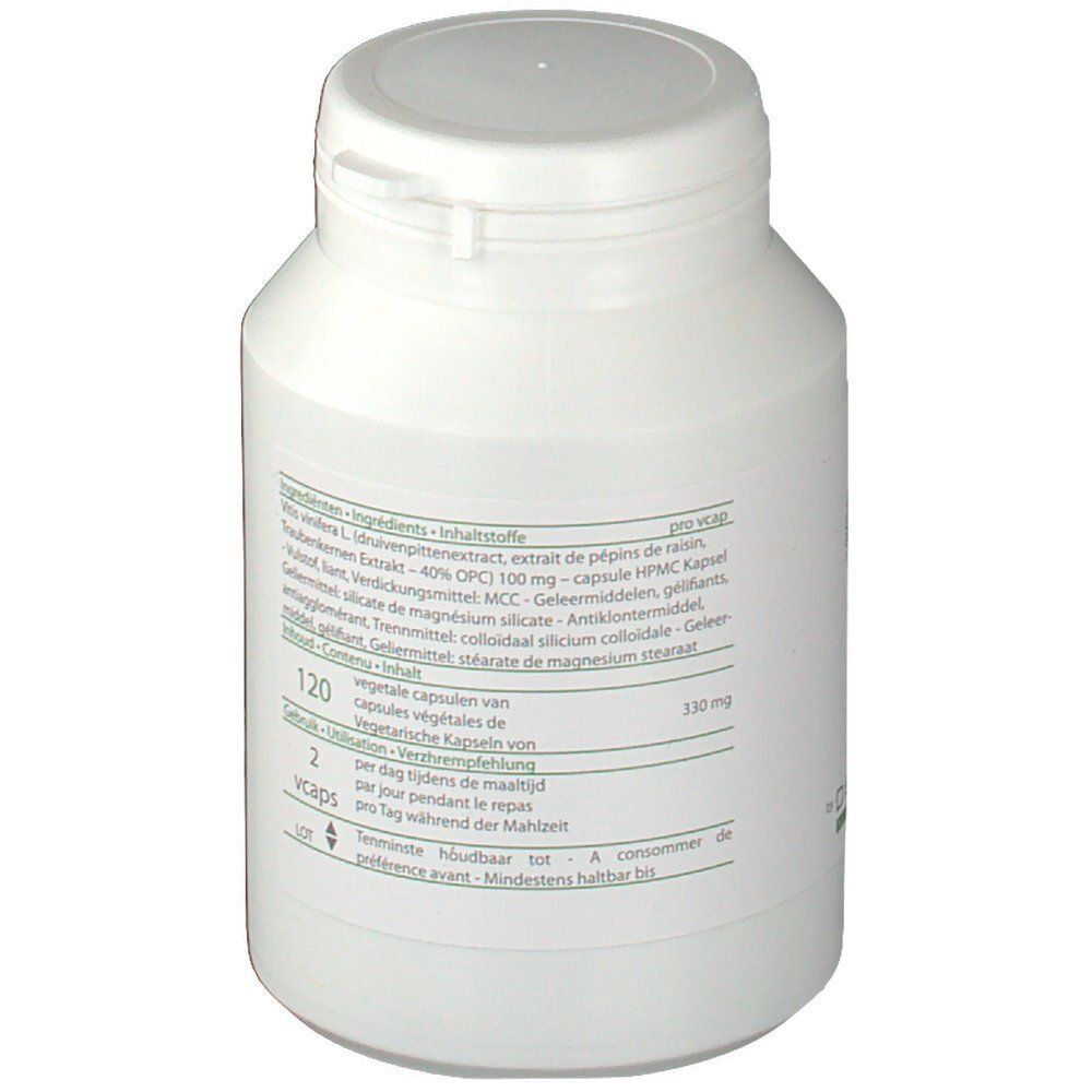 Weiße Flasche mit Deckel, Etikett mit Text, darunter Inhaltsstoffe, "120 vcaps" und Dosierung.
