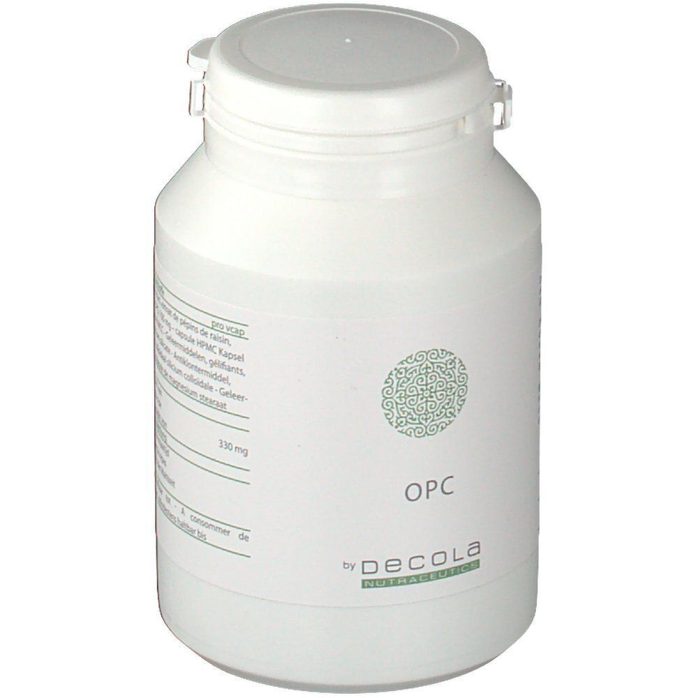 Weiße Flasche mit Deckel, Etikett mit Text, grünem Muster, "OPC" und "by Decola".