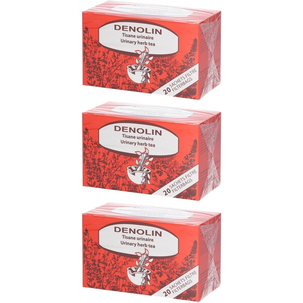 Trois boîtes rouges avec l'inscription "DENOLIN Tisane urinaire Urinary herb tea". Chaque boîte contient 20 sachets filtre.