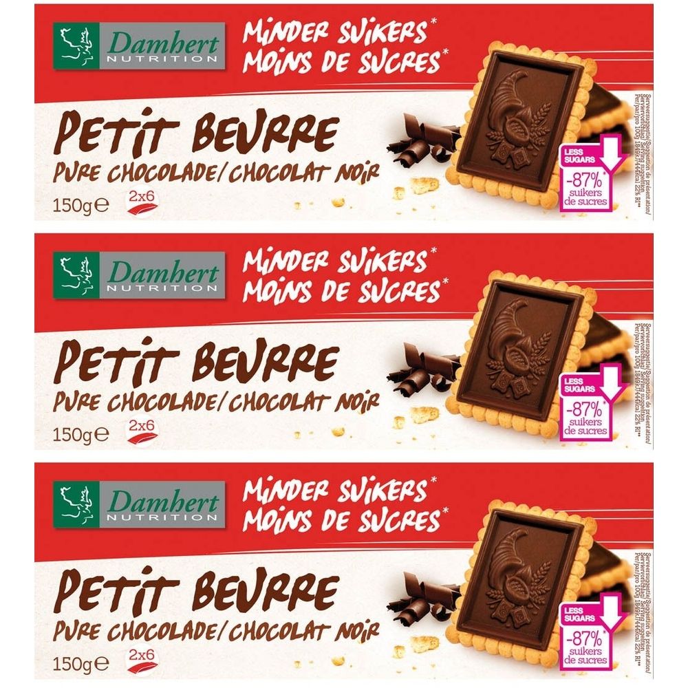 Trois boîtes de Petit Beurre Chocolat noir sans sucre. Emballage rouge avec nom et logo. Biscuits individuels visibles.