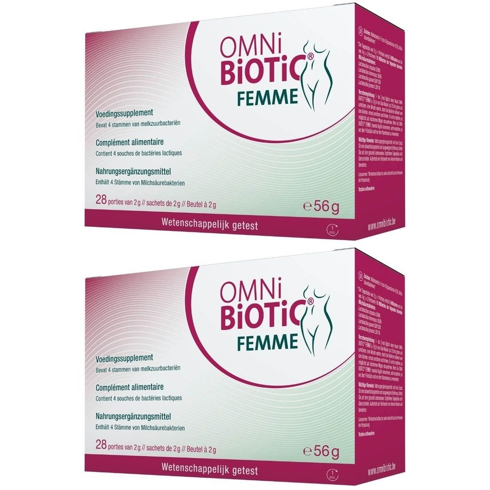Deux boîtes Omni-Biotic Femme. Boîtes blanches avec texte et logo rouges. Contient 28 sachets.