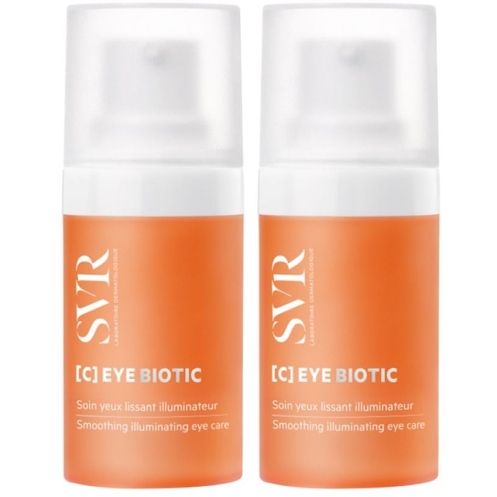 Twee oranje flacons met witte doppen. Opschrift: [C] EYE BIOTIC, SVR. Tekst: Soin yeux lissant illuminateur, Smoothing illuminating eye care.