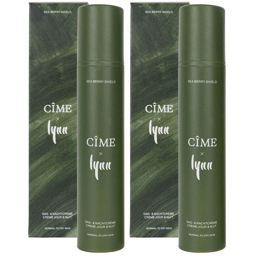 Deux flacons verts avec emballage. Inscription: CÎME Sea Berry Shield Crème jour & nuit.