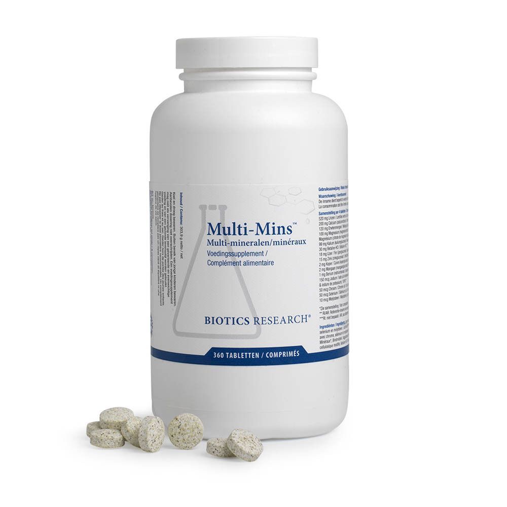 Een witte fles Biotics Research Multi-Mins met een blauw etiket en enkele tabletten ernaast.