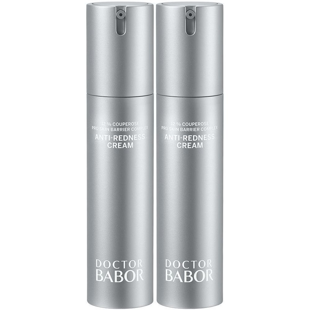 Zwei silberne Pumpspender mit Doctor Babor Anti-Redness Cream Aufschrift.