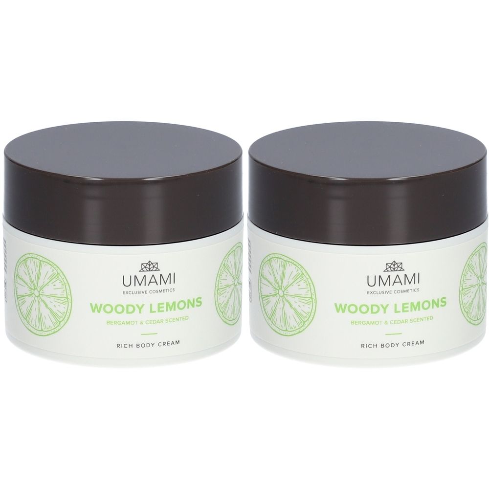 Twee potten Rich Body Cream. Wit etiket met groen citroenontwerp en productnaam. Bruin deksel.