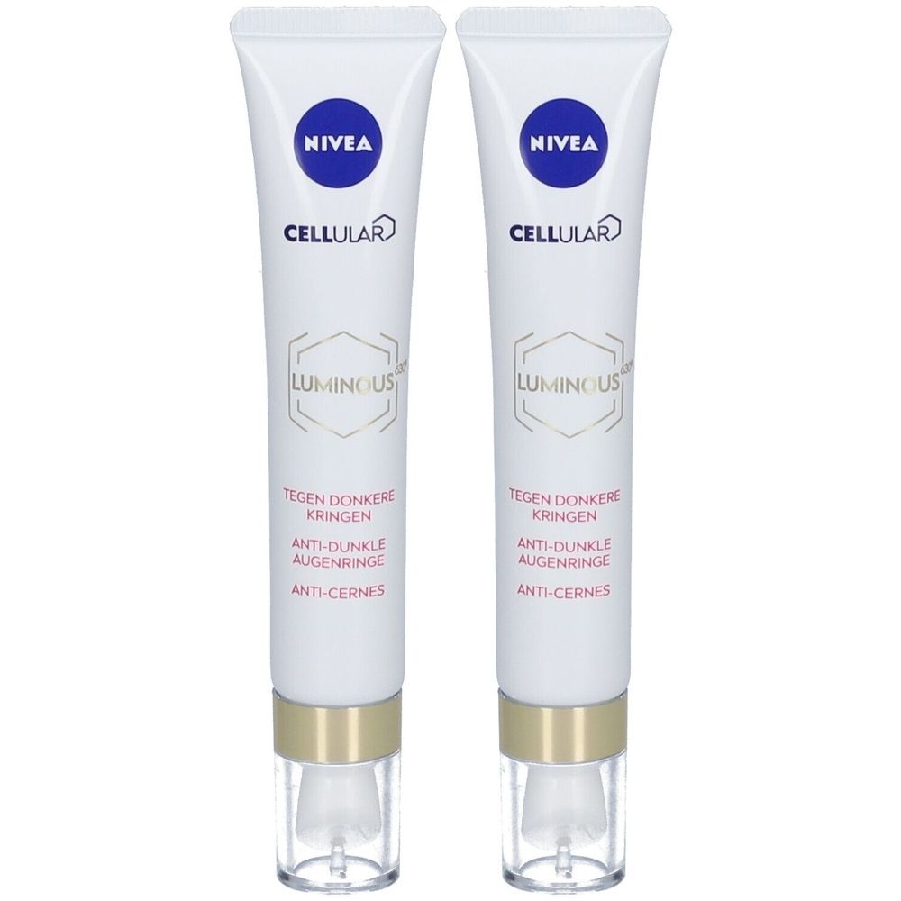Twee tubes NIVEA CELLULAR LUMINOUS630 anti-donkere kringen. Witte tubes met gouden doppen en transparante applicators.