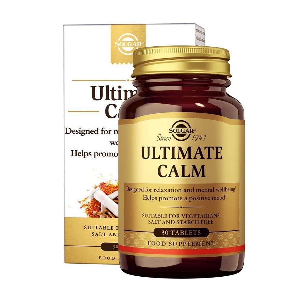 Flacon Solgar Ultimate Calm avec boîte. Bouteille en verre brun avec bouchon doré. Texte: Ultimate Calm, 30 comprimés. Boîte en arrière-plan.