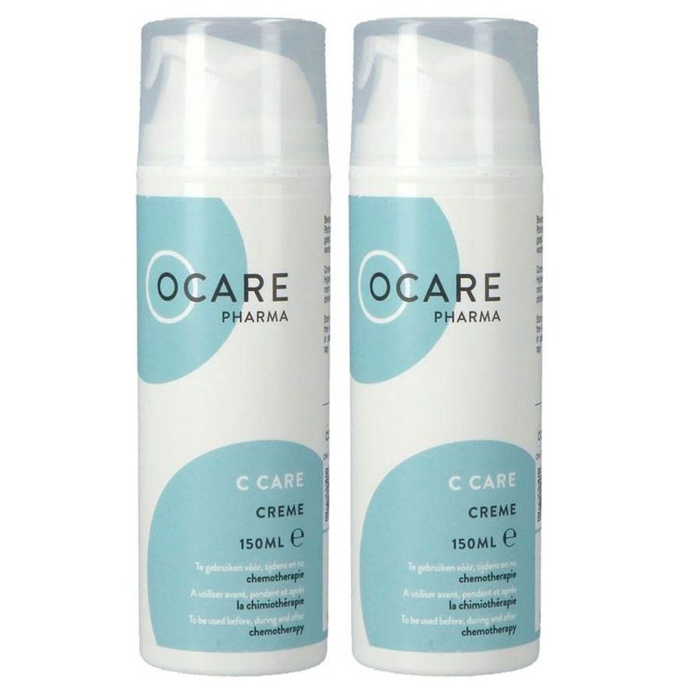 Deux flacons de crème OCARE PHARMA C Care. Flacons blancs avec étiquette bleue. Texte: C Care Creme, 150ml.
