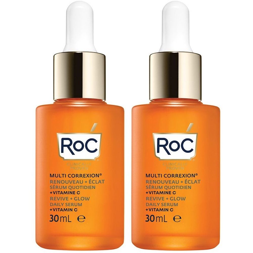 Deux flacons de sérum RoC®. Flacons oranges avec bouchon blanc et pipette. Texte: MULTI CORREXION, Renouveau + Éclat, Sérum Quotidien.