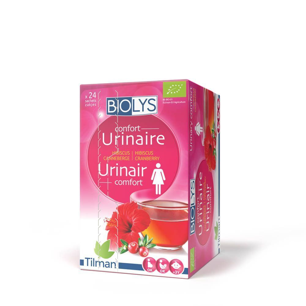 Biolys Hibiscus - Canneberge. Emballage rose avec nom du produit, image d'une tasse de thé et fleur d'hibiscus.