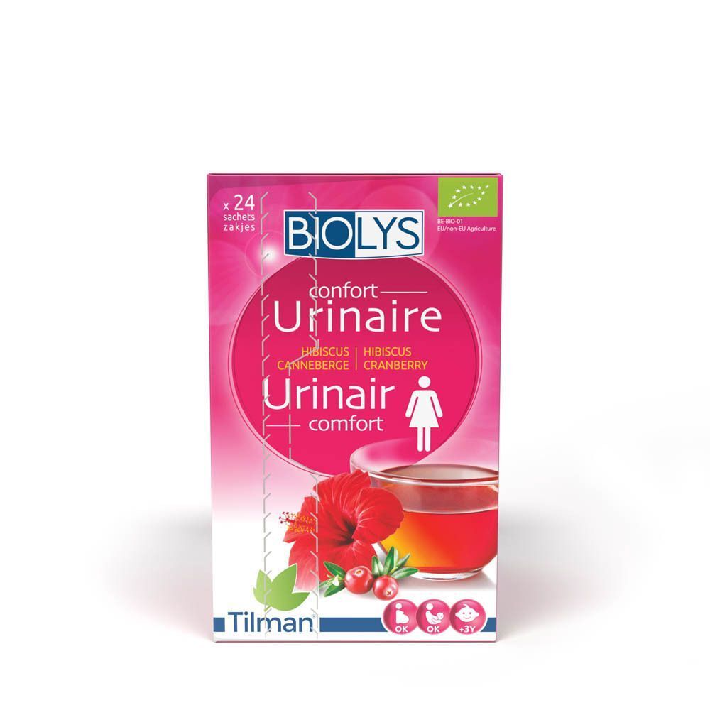 Biolys Hibiscus - Canneberge. Emballage rose avec nom du produit, image d'une tasse de thé et fleur d'hibiscus.