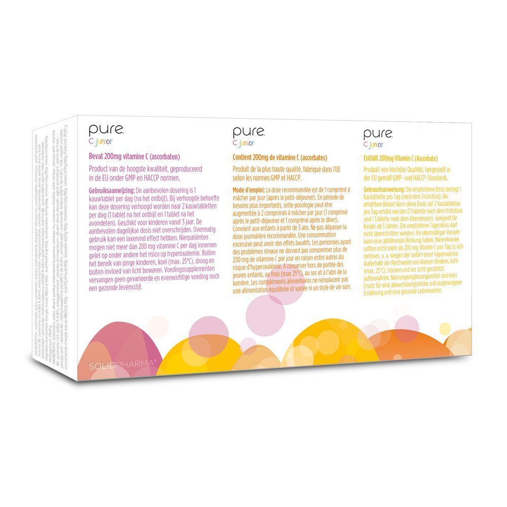 Dos de l'emballage Pure® C Junior. Texte en allemand, français et néerlandais. Illustrations.