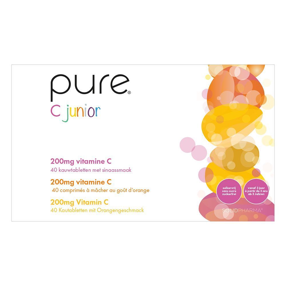 Une boîte de Pure® C Junior. Emballage blanc avec informations produit et illustrations de fruits.