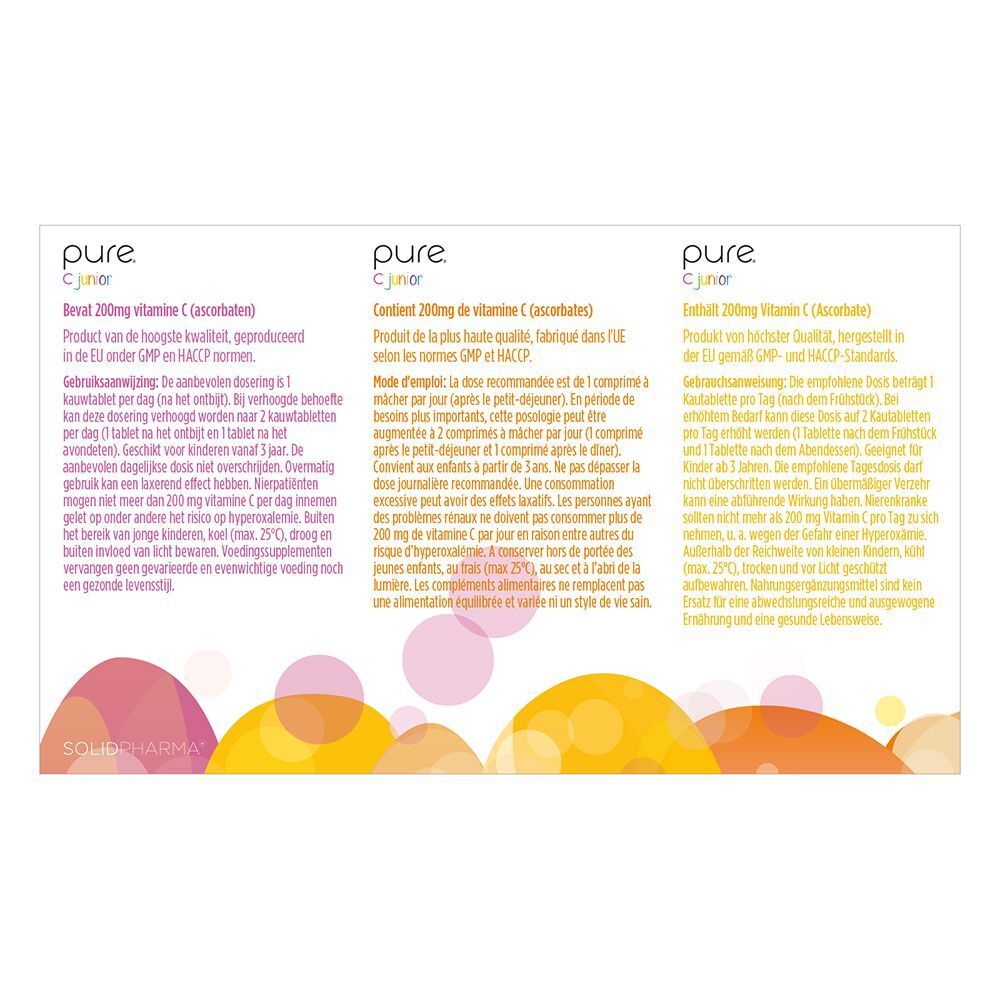 Dos de l'emballage Pure® C Junior. Texte en allemand, français et néerlandais. Illustrations.