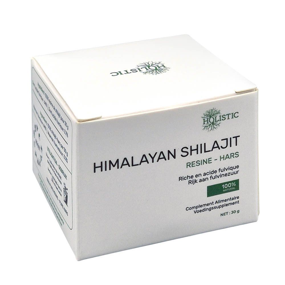 Boîte blanche avec inscription: Himalayan Shilajit Résine. Marqué en vert: 100%.