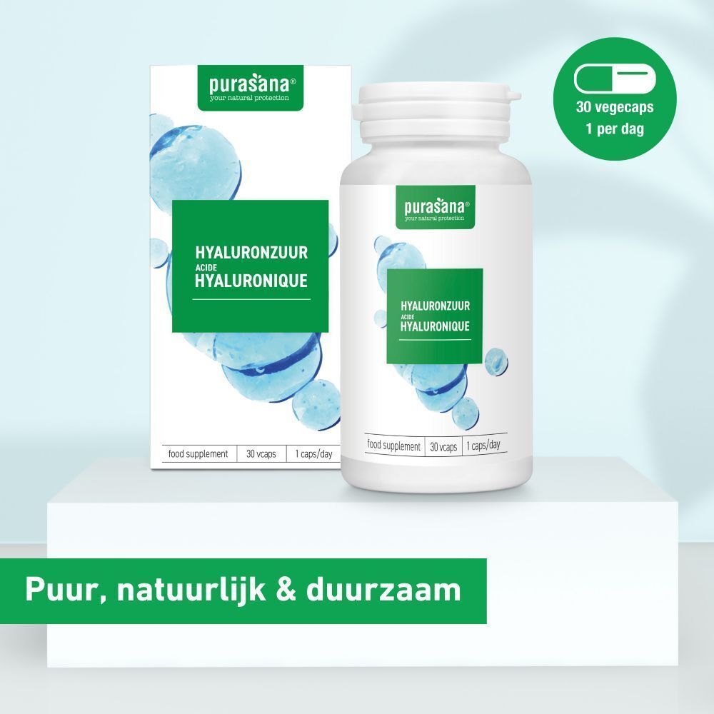 Een witte fles en een doos met groen etiket. Opschrift: Hyaluronzuur, Acide hyaluronique. 30 capsules.