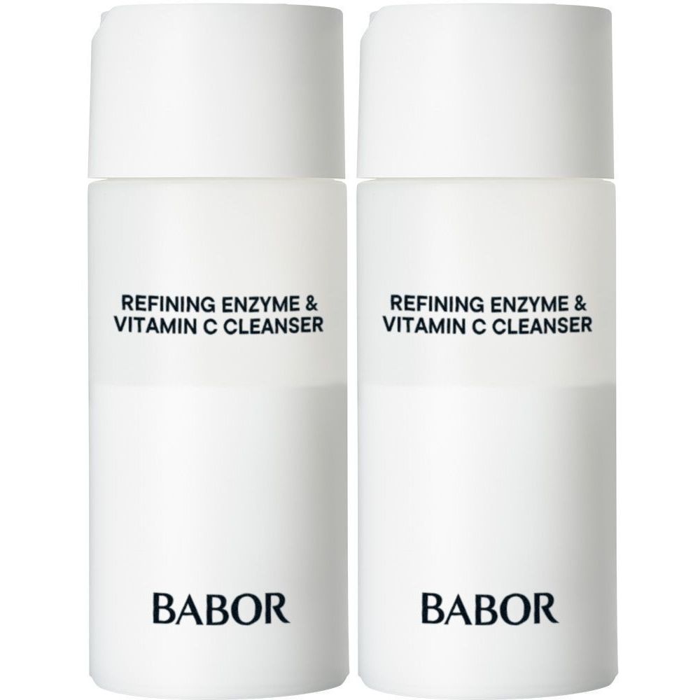 Zwei weiße Flaschen BABOR Refining Enzyme & Vitamin C Cleanser nebeneinander.