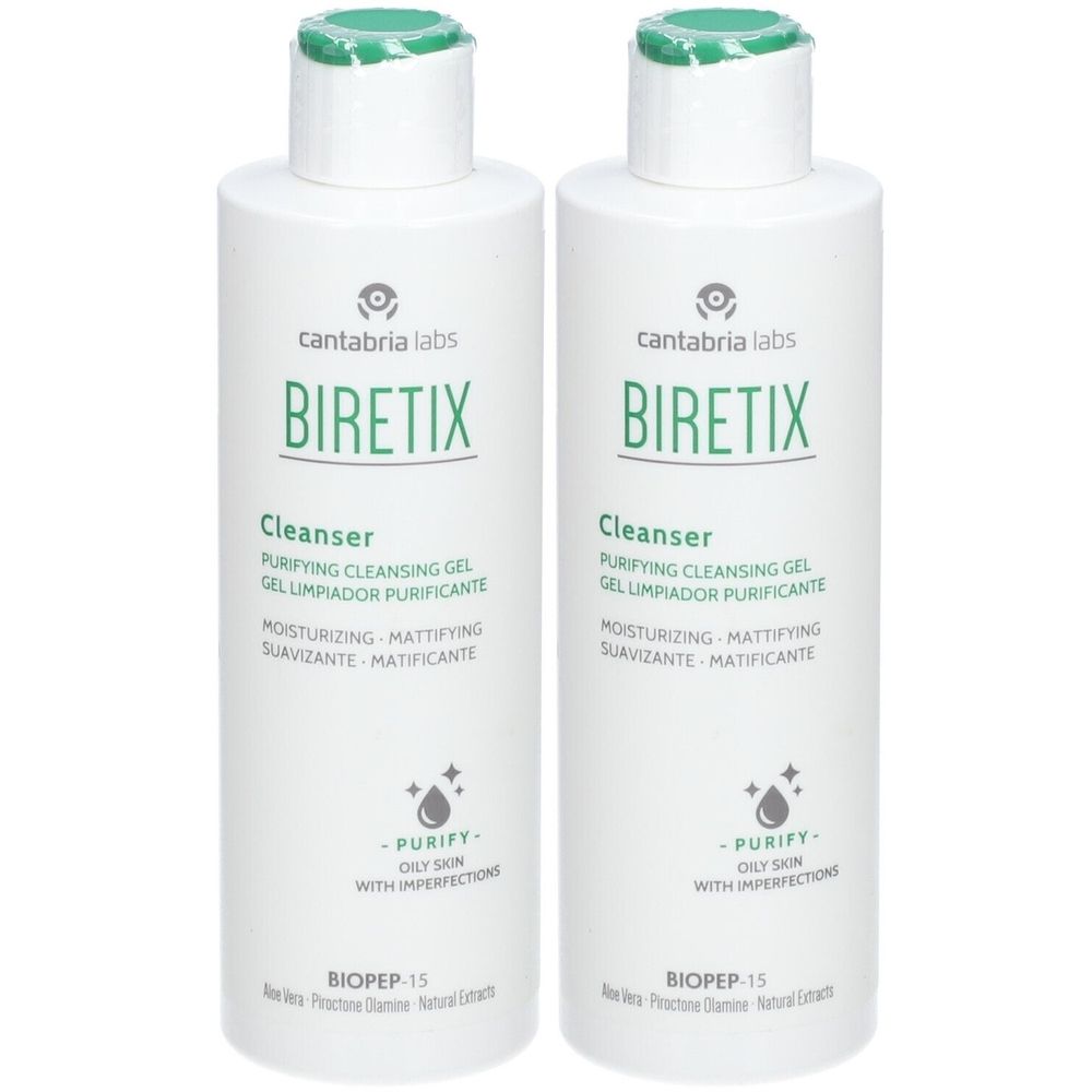 Twee witte flessen met groene dop. Opschrift: BIRETIX Cleanser, cantabria labs. Tekst: Purifying Cleansing Gel.
