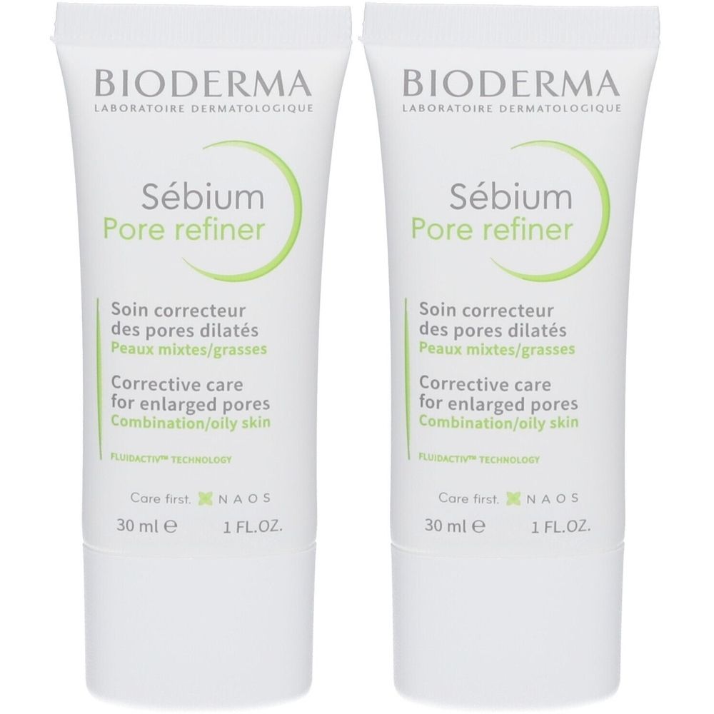 Twee tubes Bioderma Sebium Pore Refiner crème. Witte tubes met groene tekst en logo. 30 ml.