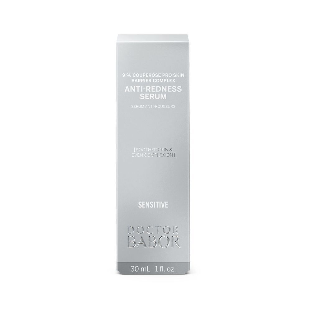 Graue Verpackung mit Produktinformationen. Aufschrift: Anti-Redness Serum, Doctor BABOR, 30 ml.
