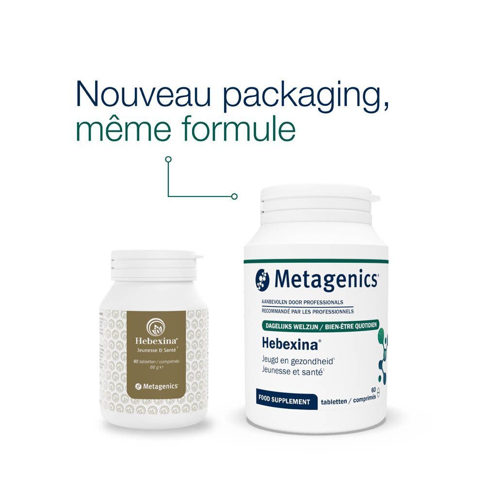Deux flacons "Hebexina" de tailles différentes. Texte : "Nouveau packaging, même formule".