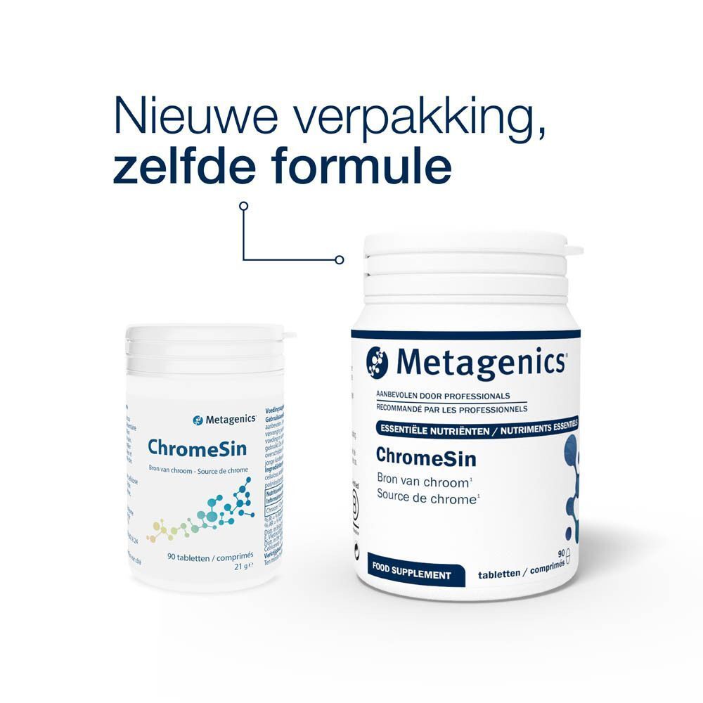 Twee witte flessen Chromesin. Een kleine en een grote. Opschrift: Metagenics, Chromesin, Source de chrome. Tekst: Nieuwe verpakking, zelfde formule.