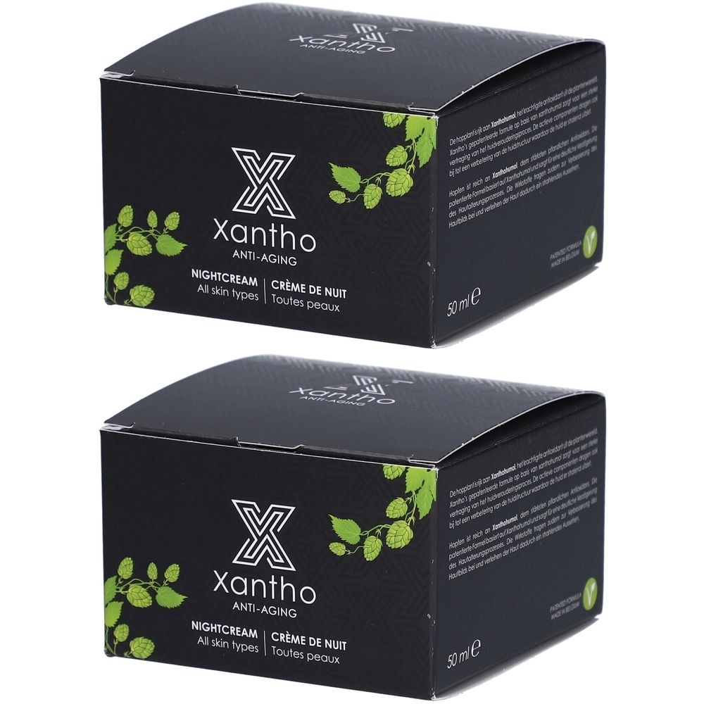 Twee zwarte dozen met Xantho-logo en opschrift "Anti-Aging". Opschrift "Nightcream".