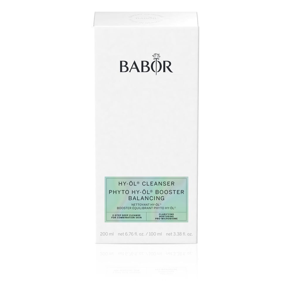 Weiße Verpackung mit BABOR-Logo. Aufschrift HY-ÖL CLEANSER, PHYTO HY-ÖL BOOSTER BALANCING.