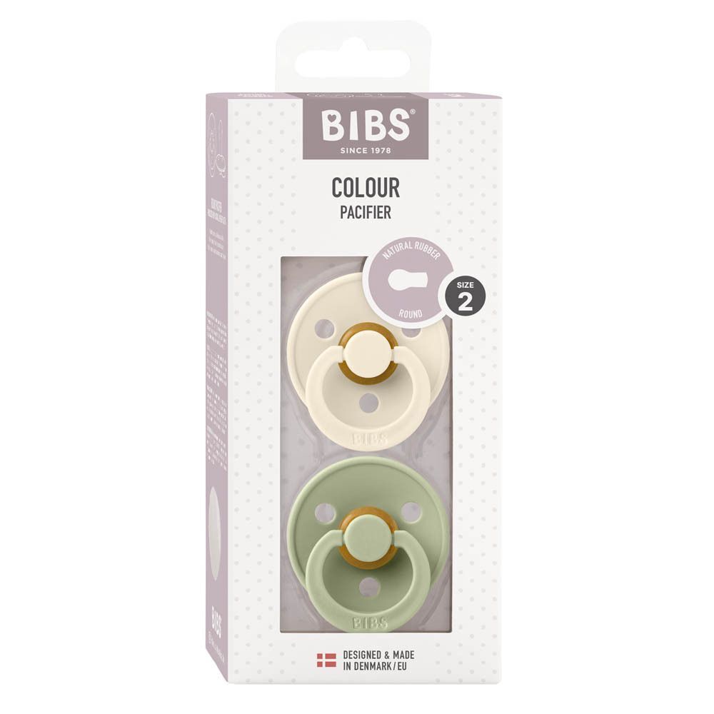 Twee BIBS fopspenen, één crème, één lichtgroen.