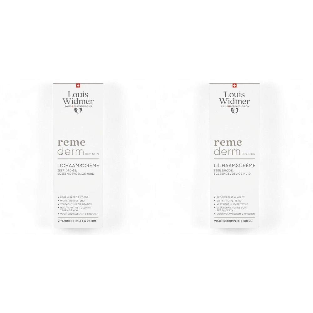 Deux boîtes de Crème Corporelle Louis Widmer. Boîtes blanches avec logo et texte. Nom du produit et texte en allemand et néerlandais.