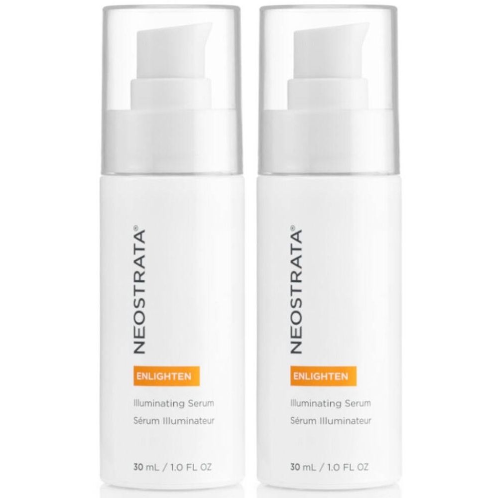 Twee witte flacons met pomp. Opschrift: NeoStrata Enlighten Illuminating Serum. 30 ml / 1.0 FL OZ.